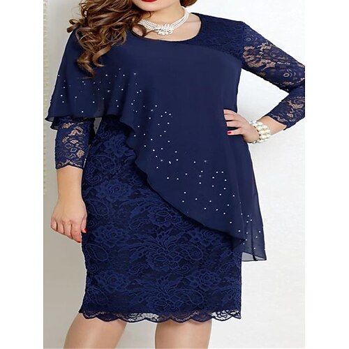 

kvinders plus size påskekjole arbejdskjole ren farve rund hals 3/4 længde ærme efterår forår kjole elegant moden midikjole kontor arbejdskjole