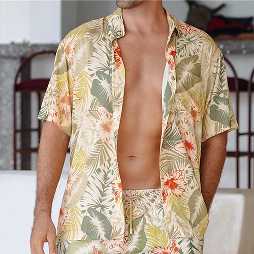 

Men's Shirt Floral Graphic Prints Leaves Turndown Green Outdoor Street Short Sleeves Button-Down Print Clothing Apparel Tropical Fashion Designer Hawaiian