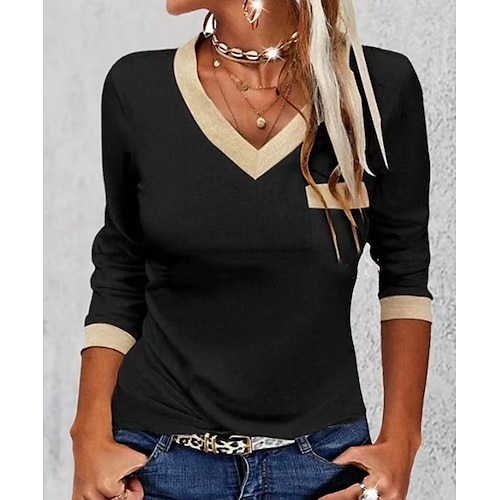 

Women's T shirt Tee Black Color Block Pocket Long Sleeve Daily Weekend Basic V Neck Regular S