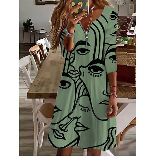 

Women's Casual Dress T Shirt Dress Tee Dress Mini Dress Black White Green Long Sleeve Abstract Zipper Winter Fall Spring V Neck Fashion Daily 2023 S M L XL XXL 3XL 4XL 5XL