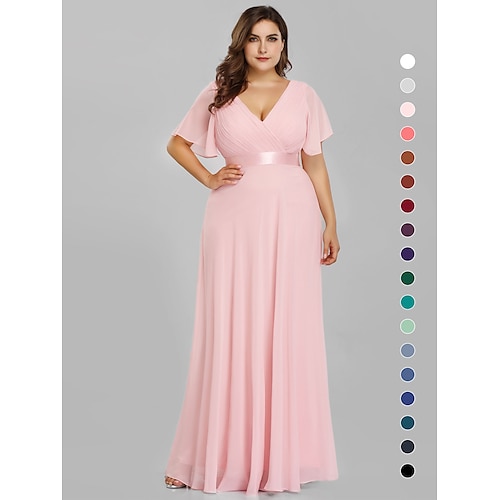

A-Line Empire Plus Size Prom Formal Evening Dress V Neck V Back Short Sleeve Floor Length Chiffon with Pleats Ruched 2022
