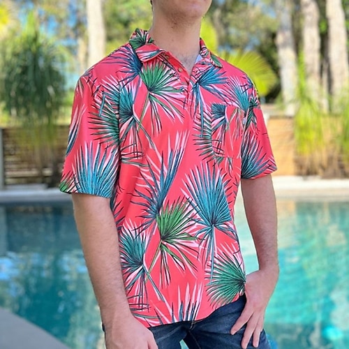 

Men's Shirt Summer Hawaiian Shirt Graphic Prints Leaves Turndown Fuchsia Casual Going out Short Sleeves Button-Down Print Clothing Apparel Tropical Hawaiian Designer Casual