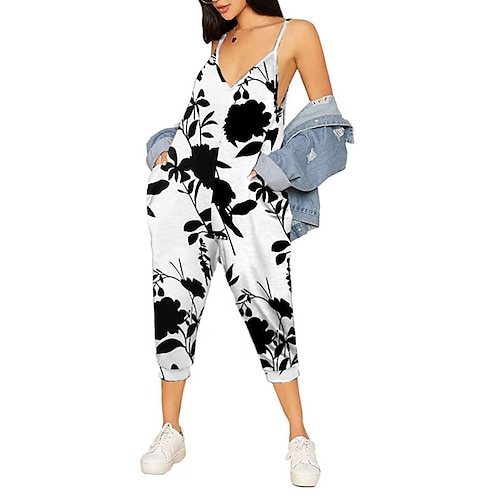 

Mujer Mono Espalda al Aire Bolsillo Floral Escote en Pico Ropa de calle Diario Vacaciones Ajuste regular Sin Mangas Negro Blanco Verde Trébol S M L Primavera