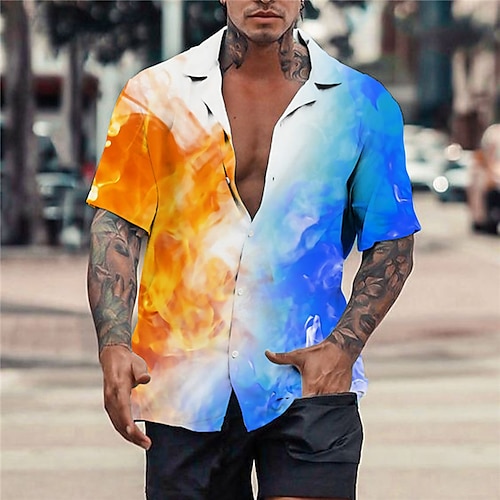 

Herren Hemd Hawaiihemd Sommerhemd Grafik-Drucke Flamme Umlegekragen Gelb Blau Casual Festtage Kurzarm Button-Down Bedruckt Bekleidung Tropisch Modisch Hawaiianisch Weich