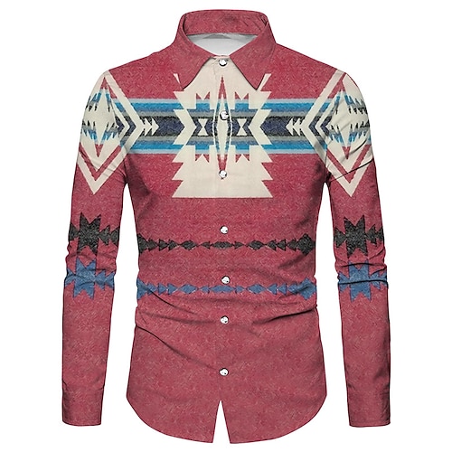 

Hombre Camisa Estampados Geometría Cuello Vuelto Fucsia Gris Exterior Calle Manga Larga Abotonar Estampado Ropa Vintage Moda Ropa de calle Design