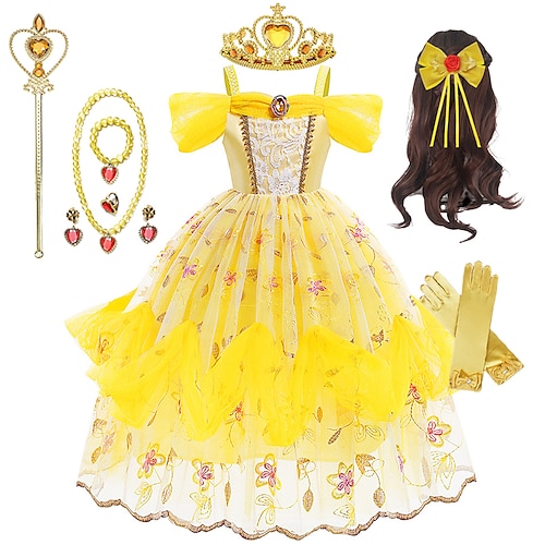 

Cuento de Hadas Princesa Beldad Vestido de niña de las flores Disfraz de fiesta temática Vestidos de tul Chica Cosplay de película Cosplay Víspera de Todos los Santos Pelucas Conjunto de accesorios