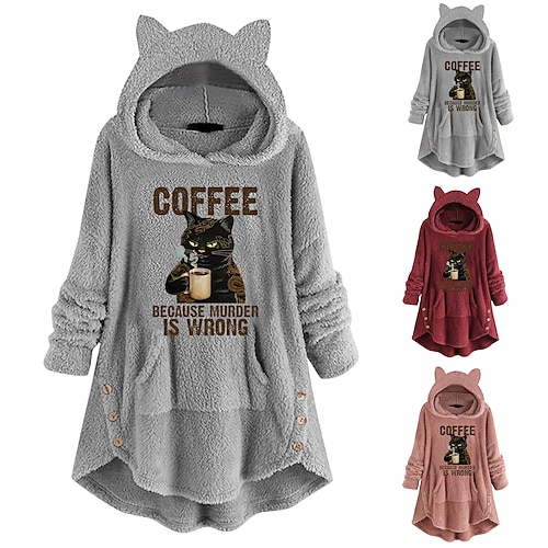 

Inspired by Animal Cat Sweatshirt Cat Ear Fleece Hoodie Anime Pront Pocket Teddy Plain Button Hoodie For Women's Adults' Hot Stamping Flannel Casual Daily