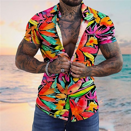 

Men's Shirt Summer Hawaiian Shirt Graphic Prints Leaves Turndown Red Green Street Casual Short Sleeves Button-Down Print Clothing Apparel Tropical Fashion Hawaiian Designer