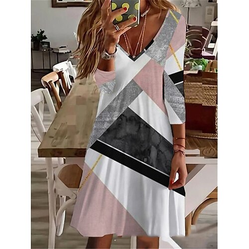 

Per donna Vestito casual Vestito a trapezio Abito stampato Fantasia geometrica Color Block Stampa A V Mini abito Di tendenza Streetwear Esterno Giornaliero Manica a 3/4 Morbido Grigio Estate Primavera