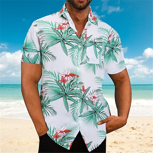 Men's Shirt Graphic Shirt Aloha Shirt Leaves Turndown Black White