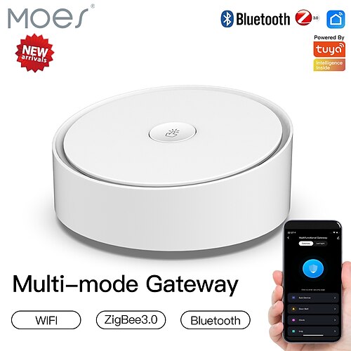 

Multi-mode Smart Home Gateway ZigBee WiFi Bluetooth Mesh Hub Door Bell Clock Multi-functional Led Brightness Adjustable Work with Tuya Smart App Voice Control via