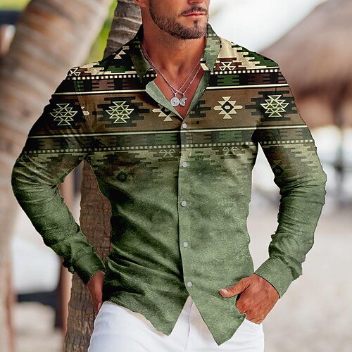 

Men's Shirt Tribal Graphic Prints Geometry Turndown Blue Purple Green Gray Outdoor Street Long Sleeve Button-Down Print Clothing Apparel Sports Fashion Streetwear Designer