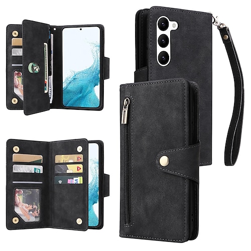 

telefon Etui Til Samsung Galaxy Lommebok-kortveske S23 S22 S21 S20 Plus Ultra Glidelås med håndleddsstropp Magnetisk flipp Ensfarget TPU PU lær