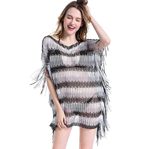 

Women's Swimwear Cover Up Normal Swimsuit Tassel Stripe Black Purple Brown Bathing Suits Sports Summer
