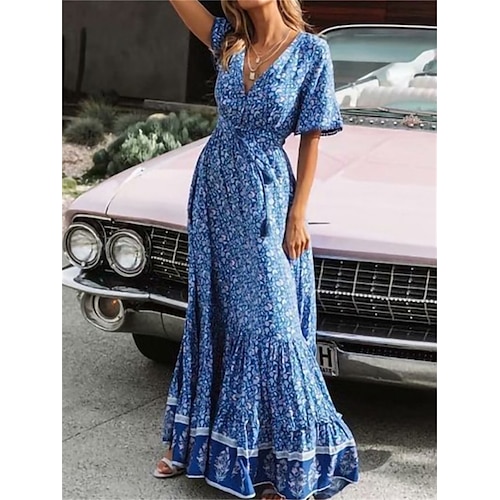 

Per donna Abito lungo Abito lungo Vestito svasato vestito a flori Abito boho Fiore decorativo Di tendenza Stile Boho Da mare Per uscire Nappa Collage Manica corta A V Vestito Standard Vino Verde Blu