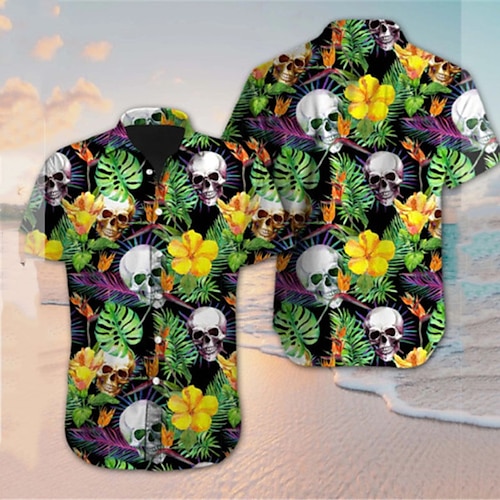 

Men's Shirt Summer Hawaiian Shirt Floral Skull Graphic Prints Turndown Green Street Casual Short Sleeves Button-Down Print Clothing Apparel Tropical Fashion Hawaiian Designer