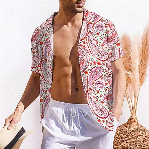 

Men's Shirt Summer Hawaiian Shirt Floral Graphic Prints Turndown Apricot Red Street Casual Short Sleeves Button-Down Print Clothing Apparel Tropical Fashion Boho Hawaiian