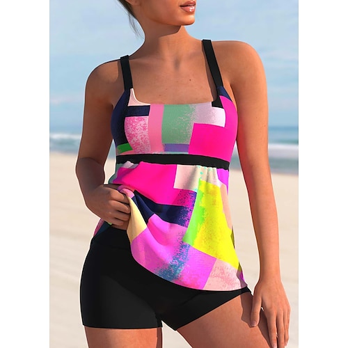 

Women's Swimwear Tankini 2 Piece Normal Swimsuit 2 Piece Printing Geometic Black Purple Rose Red Bathing Suits Sports Beach Wear Summer