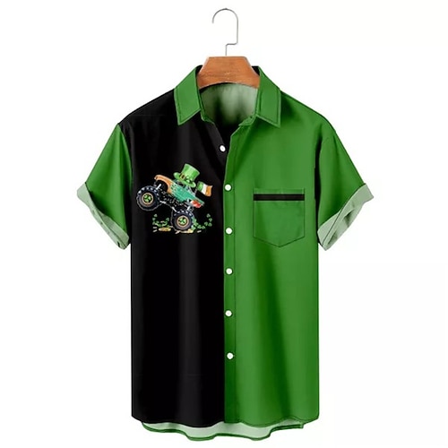 

Men's Shirt Summer Hawaiian Shirt Letter Graphic Prints Clover Turndown Black White Light Green Dark Green Green Outdoor Street Short Sleeves Button-Down Print Clothing Apparel Tropical Fashion