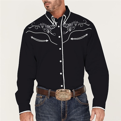 

Men's Shirt Western Shirt Floral Graphic Prints Turndown Black Green Outdoor Street Long Sleeve Button-Down Print Clothing Apparel Fashion Streetwear Designer western style