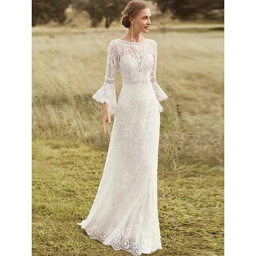 

Spiaggia / Destinazione Boho Abiti da sposa Strascico di corte Linea-A Manica lunga Con decorazione gioiello Di pizzo Con Di pizzo Tinta unita 2023 Primavera estate Abiti da sposa