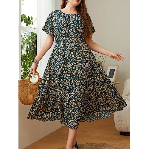 

Dame Plusstørrelser Hverdagskjole Swing Kjole A Linje Kjole Blomstret Midikjole Kortærmet Trykt mønster Rund hals Mode Daglig Mørkegrøn Forår Sommer XL XXL 3XL 4XL