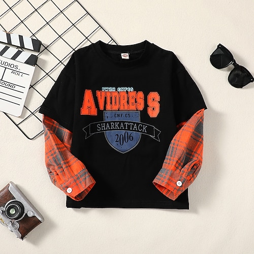 

Barn Gutt T skjorte T-skjorte Helfarge Tegneserie Kortermet Crewneck Barn Topp Skole Mote Daglig Sommer Svart 4-13 år