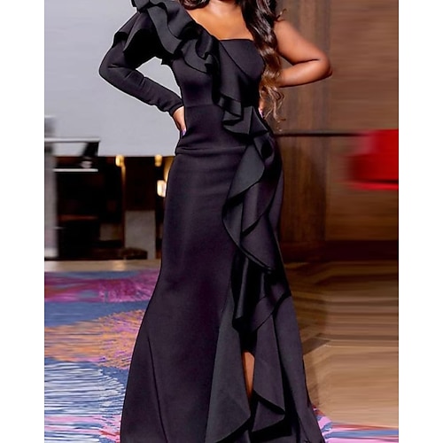 

Women's Formal Party Dress Sheath Dress Long Dress Maxi Dress Black Blue Long Sleeve Pure Color Split Winter Fall Autumn One Shoulder Winter Dress Fall Dress 2023 S M L XL XXL