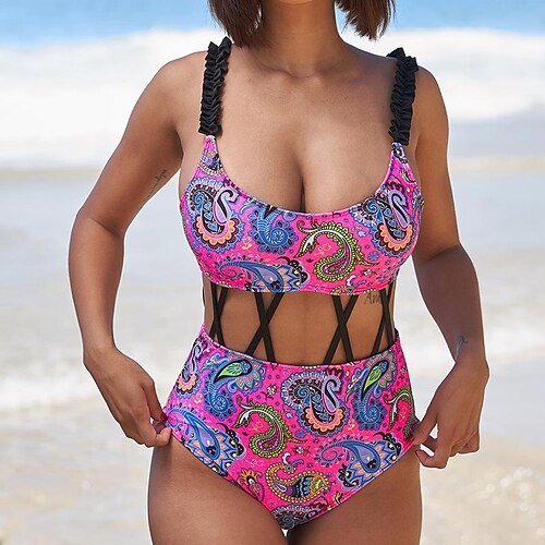 

Women's Swimwear One Piece Normal Swimsuit Cut Out Printing Paisley Rose Red Bodysuit Bathing Suits Sports Summer