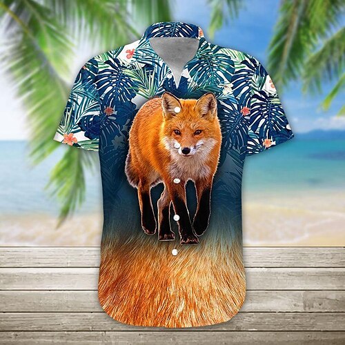 

Men's Shirt Summer Hawaiian Shirt Animal Fox Graphic Prints Turndown Blue Outdoor Casual Short Sleeves Button-Down Print Clothing Apparel Designer Casual Soft Breathable