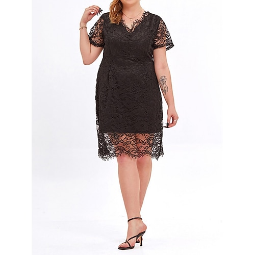 

Dame Plusstørrelser Hverdagskjole Blonde kjole Kappe Kjole Helfarve Midikjole Kortærmet Blonder Patchwork V-hals Klassisk Daglig Sort Forår Sommer XL XXL 3XL 4XL