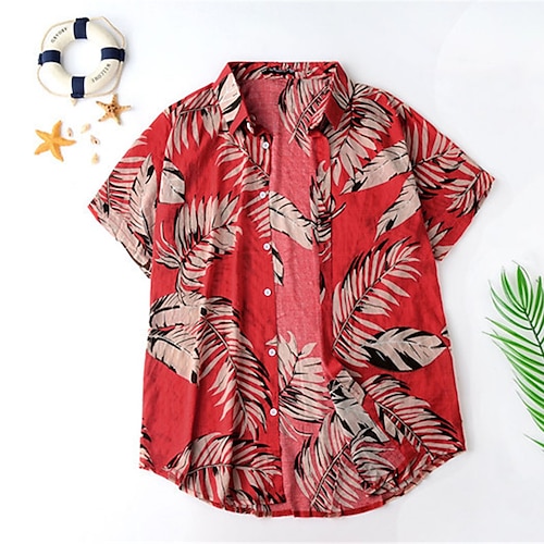 

Men's Shirt Summer Hawaiian Shirt Graphic Prints Leaves Turndown Red Street Casual Short Sleeves Button-Down Print Clothing Apparel Tropical Fashion Hawaiian Designer