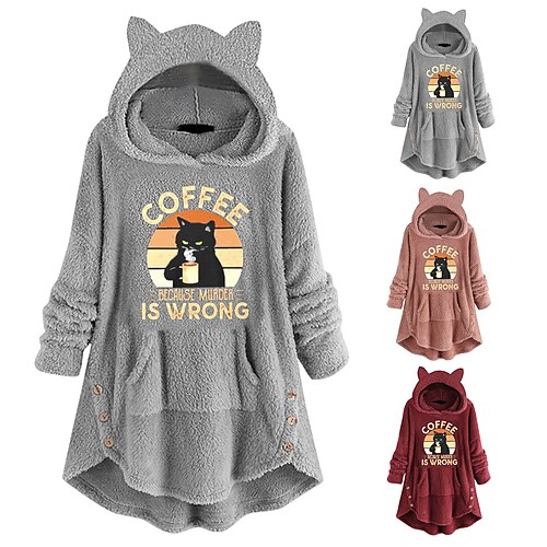 

Inspired by Animal Cat Sweatshirt Cat Ear Fleece Hoodie Anime Pront Pocket Teddy Plain Button Hoodie For Women's Adults' Hot Stamping Flannel Casual Daily