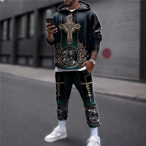 

Homme Ensemble Survetement Ensemble de sweats à capuche bleu marine Capuche Graphic Croix 2 Pièces Imprimer Sport Loisir Casual Des sports 3D effet basique Vêtement de rue Design Automne Printemps