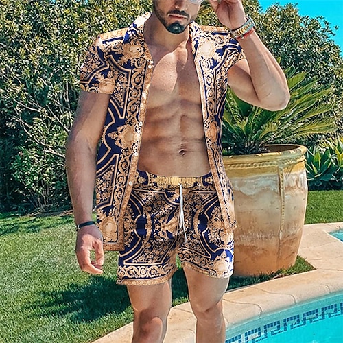 Per uomo Floreale 2 pezzi Set di camicie Camicia hawaiana estiva Manica Corta Pantaloni corti Collo ripiegato Moda Hawaiano Casual All'aperto Vacanza Spiaggia Bottonato Estate Primavera Giallo