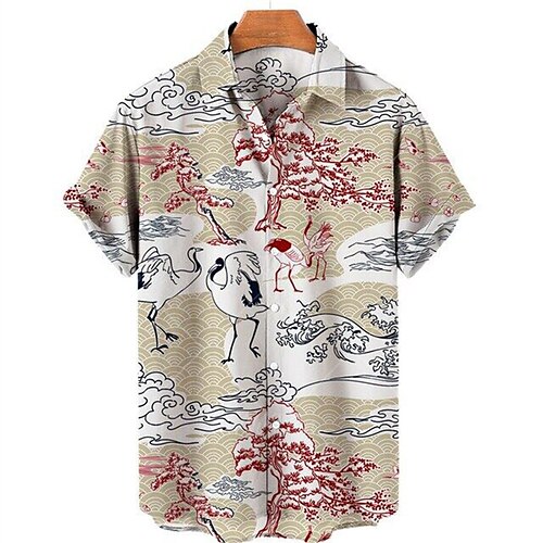 

Men's Shirt Summer Hawaiian Shirt Floral Crane Graphic Prints Turndown Light Pink Apricot Black Pink Street Casual Short Sleeves Button-Down Print Clothing Apparel Tropical Fashion Hawaiian Designer