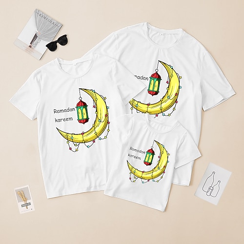 

Familie udseende Ramadan T-shirt Bogstaver Stjerne MOON Afslappet Crewneck Hvid Kortærmet Daglig Matchende outfits