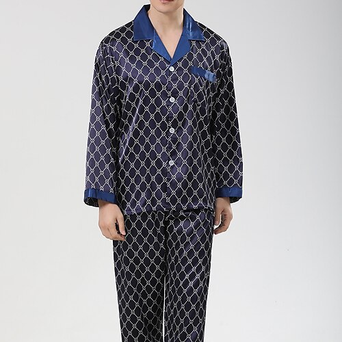 

Per uomo Set pigiama Top e pantalone del pigiama Pigiama di seta 1 set A quadri Moda Informale Comoda Interni Giornaliero Da letto Poliestere Comfort Bavero Autunno Primavera Blu marino