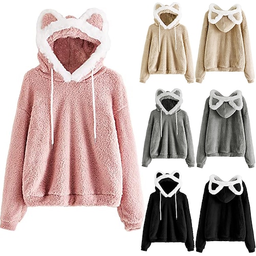 

Tier Katze Pullover Katzenohr-Fleece-Hoodie Anime Teddy Kapuzenshirt Für Damen Erwachsene Heißprägen Flanell Casual