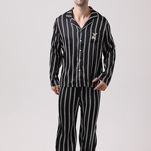 

Herre Loungewear Pyjamas Sæt Pyjamas top og bukser Silke pyjamas 1set Stribe Stilfuld Afslappet Hjem Daglig Seng Syntetisk silke Åndbart Blød Knaphul Langærmet Skjorte Bukse Forår Sommer Sort Grøn