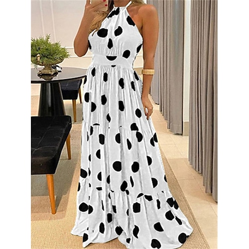 

robe longue Femme robe soirée Sans Manches Hiver Automne Printemps - Romantique Mature Robe chic Imprimer Pois du quotidien Vacances robe automne 2023 Noir Blanche Jaune Vert S M L XL 2XL 3XL