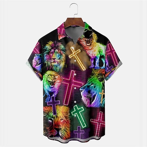 

Men's Shirt Summer Hawaiian Shirt Lion Graphic Prints Flame Cross Turndown Black Purple Outdoor Street Short Sleeves Button-Down Print Clothing Apparel Tropical Fashion Hawaiian Designer