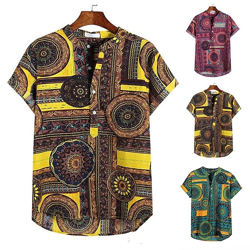 

Men's Shirt Tribal Graphic Prints Vintage Stand Collar Yellow Fuchsia Green Outdoor Casual Short Sleeve Button-Down Print Clothing Apparel Fashion Designer Casual Comfortable