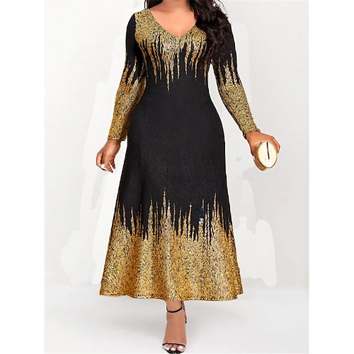 

delle donne plus size abiti lusinghieri vestito a forma di mela vestito da partito tubino abito lungo sfumato maxi vestito manica lunga stampa girocollo moderno partito nero abito primavera autunno