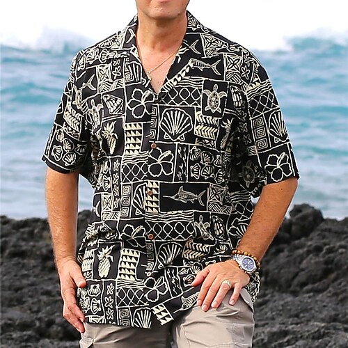 

Men's Shirt Summer Hawaiian Shirt Color Block Graphic Prints Graffiti Turndown Black Navy Blue Blue Casual Holiday Short Sleeve Button-Down Print Clothing Apparel Tropical Fashion Hawaiian Soft