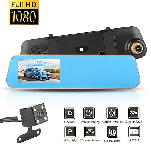 

1080P HD 4.3Inch LCD Display Wide Angle Front Rear Camera Dual Recording Driving Recorder Car DVR On Rear view Mirror