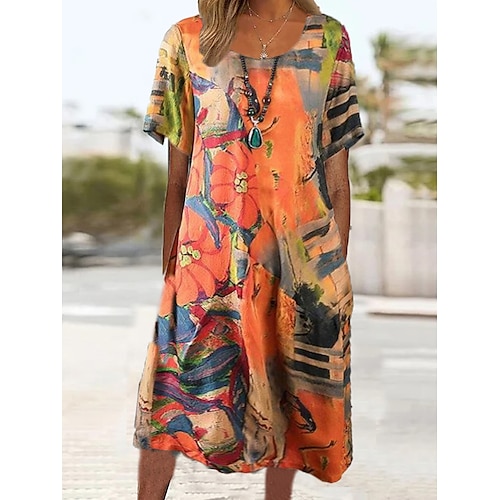 

Mujer Vestimenta casual Vestido de cambio Floral Estampado Cuello Barco Mini vestido Moda Exterior Diario Manga Corta Holgado Naranja Verano Primavera M L XL XXL XXXL