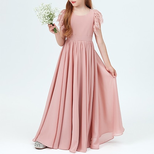 

Linjeform Gulvlengde Besmykket Chiffon Junior brudepike kjoler og kjoler Med Sløyfe(r) لون واحد Gjestekjole for barn 4-16 år