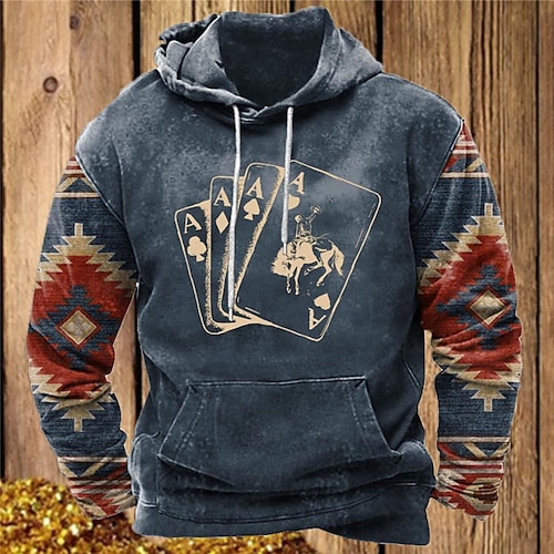 A Wild West Rodeo Men's Pullover Hoodie Sweatshirt Black Navy Blue Brown  Gray Hooded Graphic Prints Poker P… in 2023