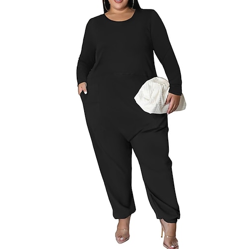 

Damen Jumpsuit Tasche Feste Farbe Rundhalsausschnitt Casual Täglich Festtage Regular Fit Langarm Schwarz Armeegrün Blau XL XXL 3XL 4XL Frühling